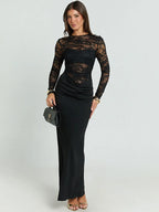 שמלת מקסי עם חלק עליון מתחרה שקופה ושרוולים ארוכים – שחור
