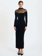 שמלת קטיפה מידי עם רשת שקופה בכתפיים